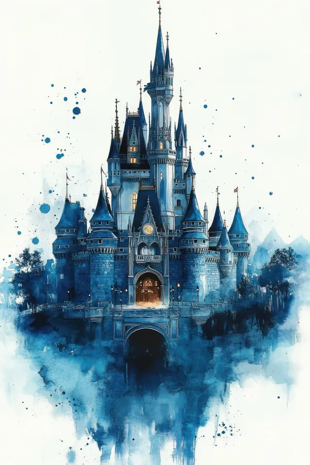 A fairy-tale castle with tall spires and glowing windows stands in blue mist with surrounding trees.
