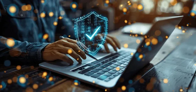 Businessman using laptop with digital shield icon for data protection in office