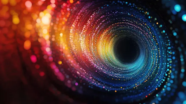 AI vision tunnel in cyberspace, swirling particle ring depth, colorful data-like arcs