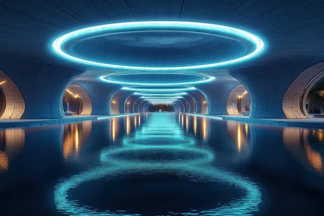 A futuristic tunnel corridor with glowing blue circular lights and their reflections in still water.