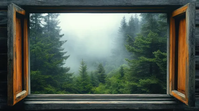 Open wooden window looking onto a misty green pine forest with fog between evergreen tree tops.