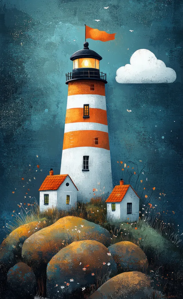 Striped lighthouse tower stands beside small houses on round rocks under a moonlit cloudy night sky.