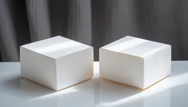 Two matte white cubes on a reflective table under soft daylight and curtain shadows