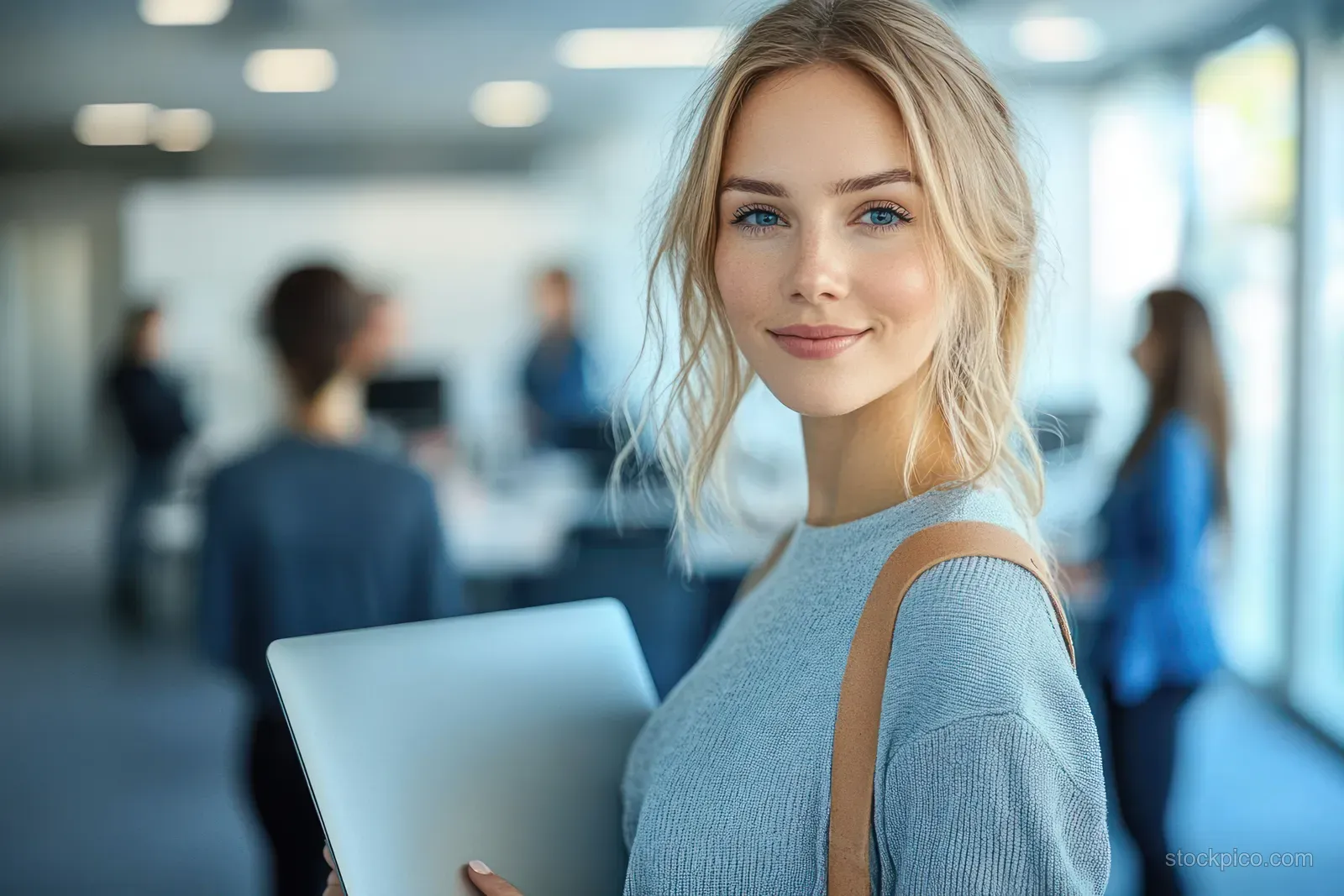 Confident woman holding a laptop in a bright office with blurred coworkers behind her.