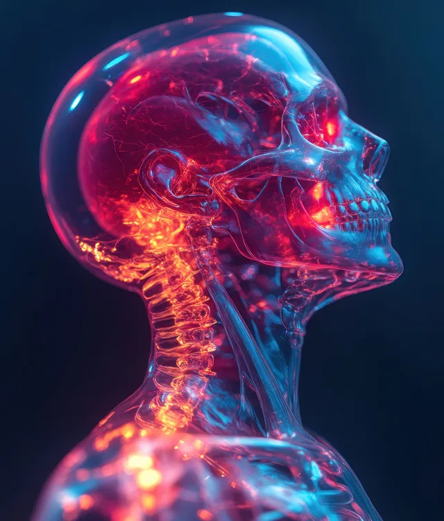 Futuristic 3D skeleton x-ray shows a glowing red shoulder joint highlight against a dark blue background.