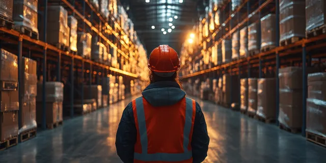 Warehouse worker in reflective vest inspects inventory with clipboard in an aisle of stacked boxes and shelves.