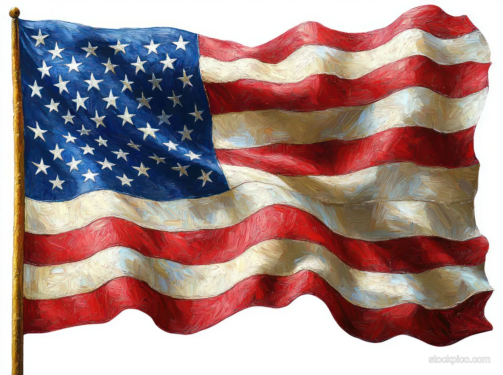 American flag waving with stars and stripes shown in bold textured brushstroke painting style.