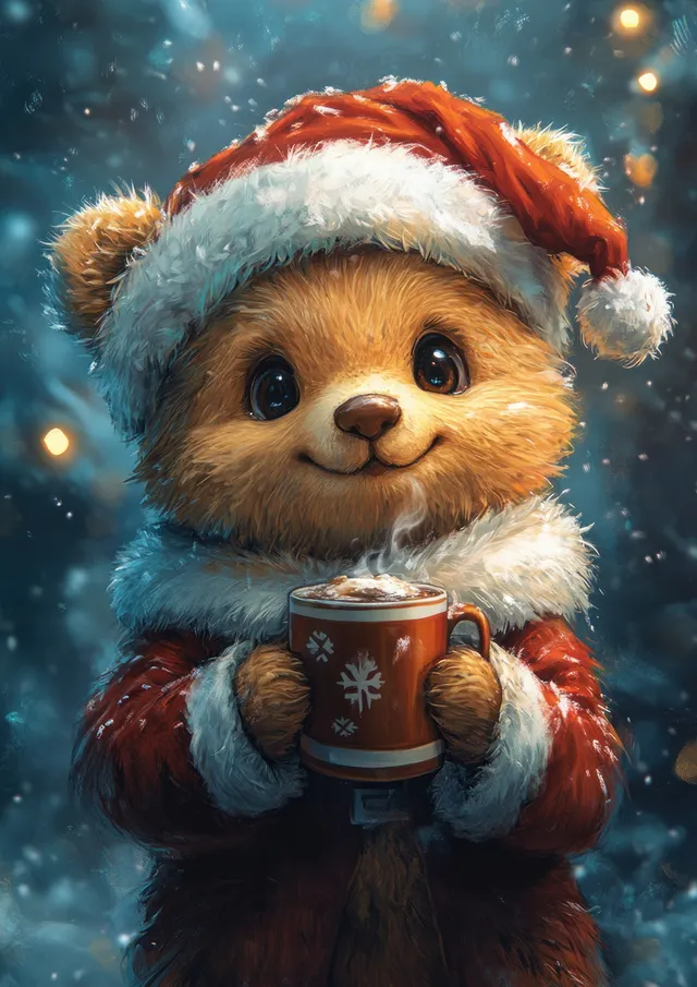 Teddy bear in a Santa hat holding a hot chocolate cup with glowing snowy Christmas lights behind.