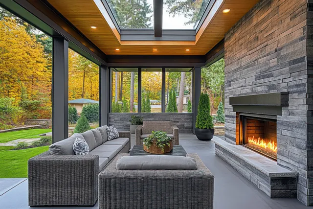Covered outdoor patio with gray wicker seating and a burning stone fireplace, viewed against an autumn forest backdrop.