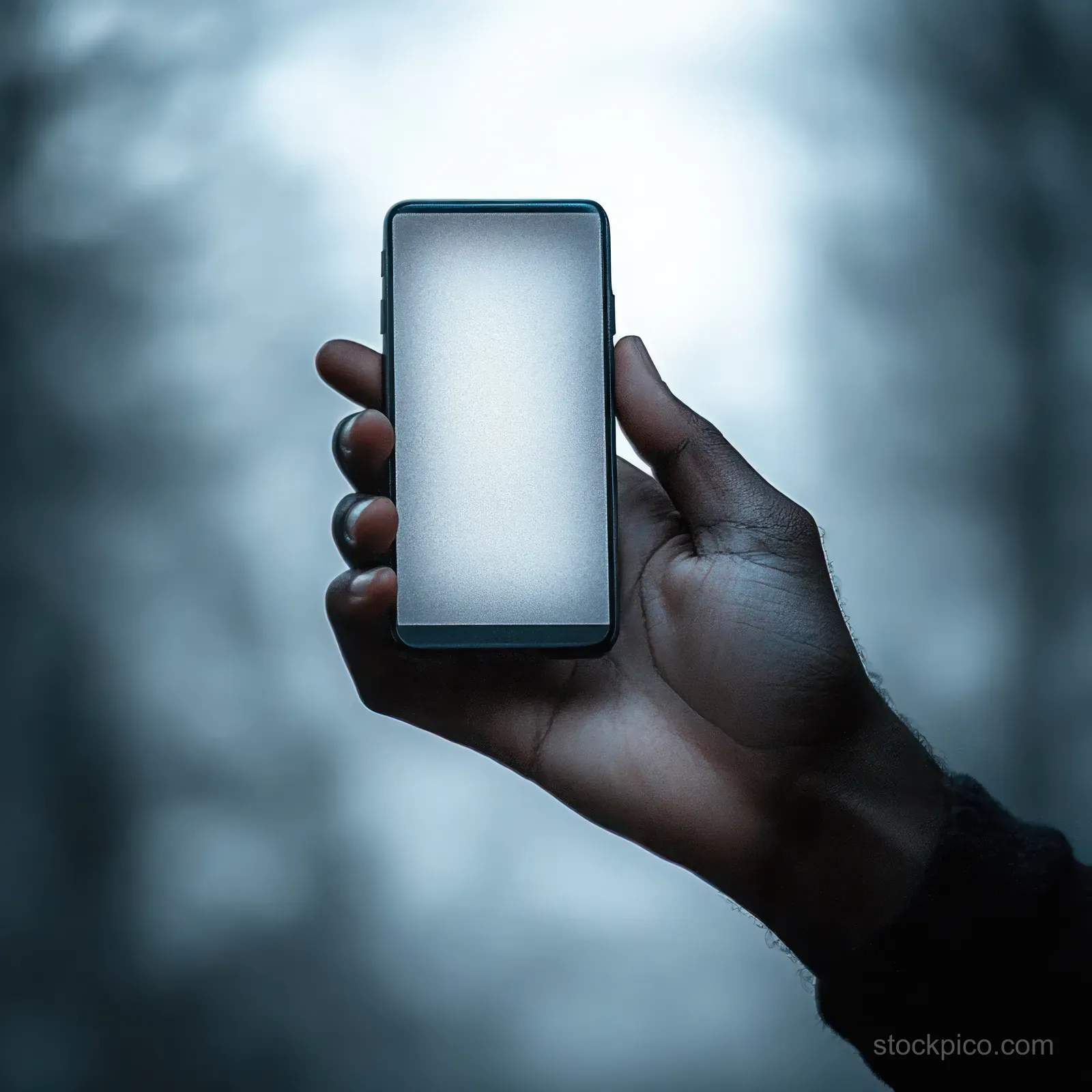 A hand holds a smartphone with a blank glowing screen against a blurred outdoor dusk background.