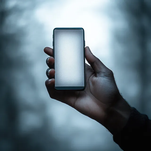 A hand holds a smartphone with a blank glowing screen against a blurred outdoor dusk background.