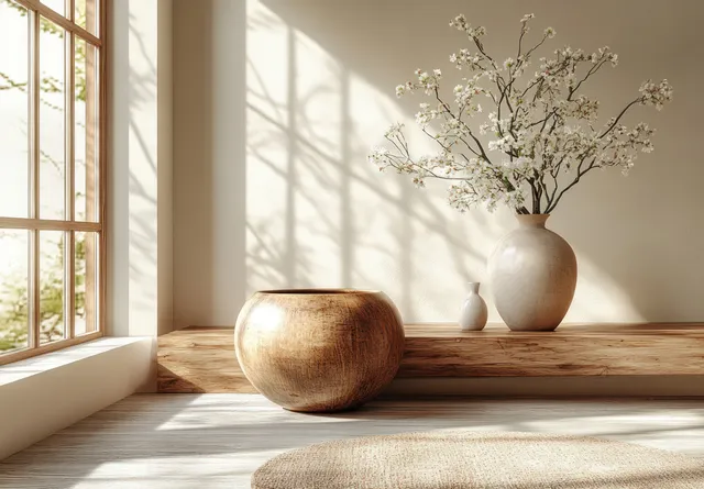 Wooden table in a Scandinavian room near tall windows with a white vase of branches and a clay vessel in soft light.