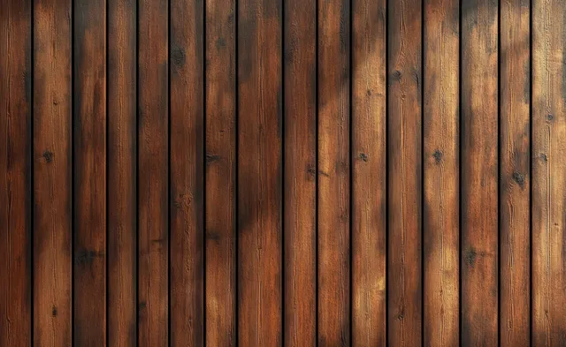 Warm rustic wooden wall of symmetrical vertical planks with visible grain and soft ambient lighting.