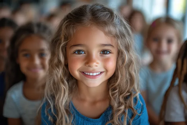 Diverse children smile and pose together for a portrait in a classroom with bright daylight.