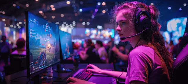 Female esports player on stage with headset, purple lighting, live tournament screens behind