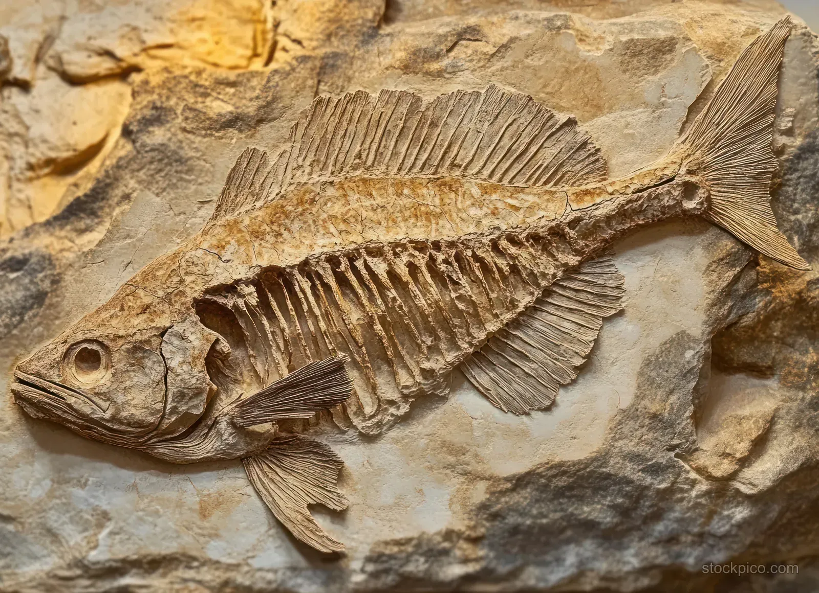 A fossilized fish rests in textured sandstone, showing detailed fins and vertebrae within sediment layers.