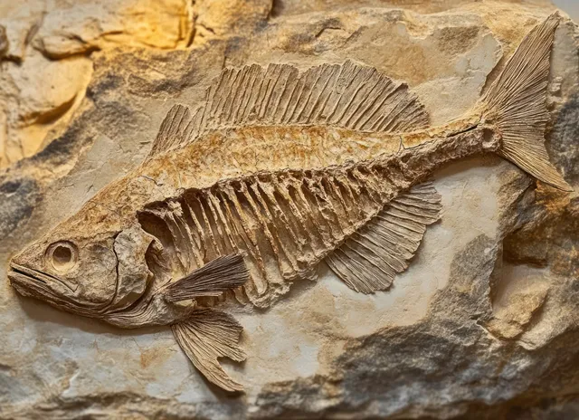 A fossilized fish rests in textured sandstone, showing detailed fins and vertebrae within sediment layers.