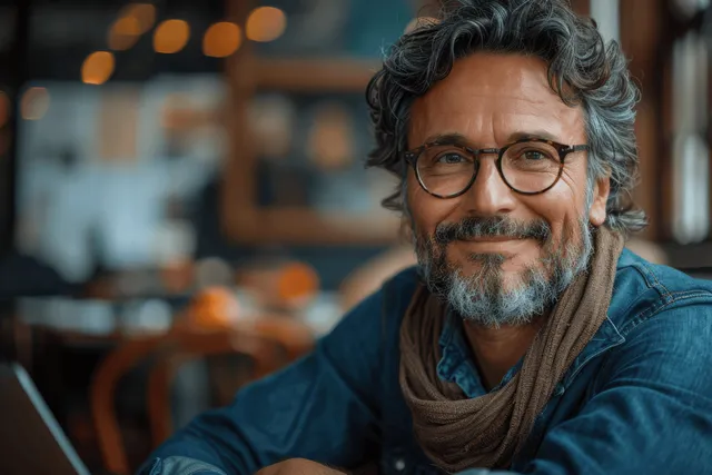 Smiling middle-aged man with glasses seated at desk, typing on laptop in office with Shallow Depth Of Field