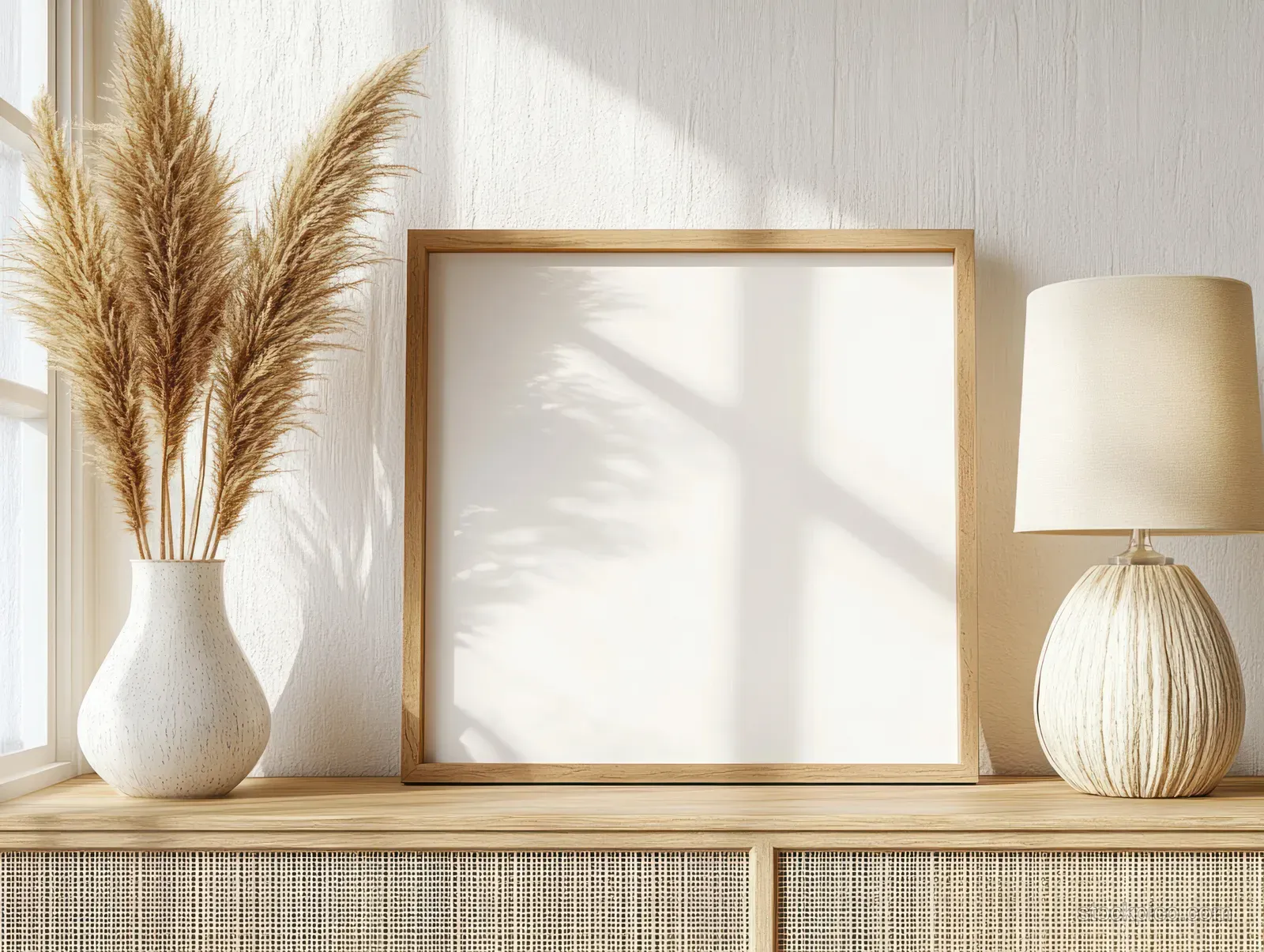 Minimalist interior shelf with blank framed canvas, white vase of dried grass, and a warm table lamp.