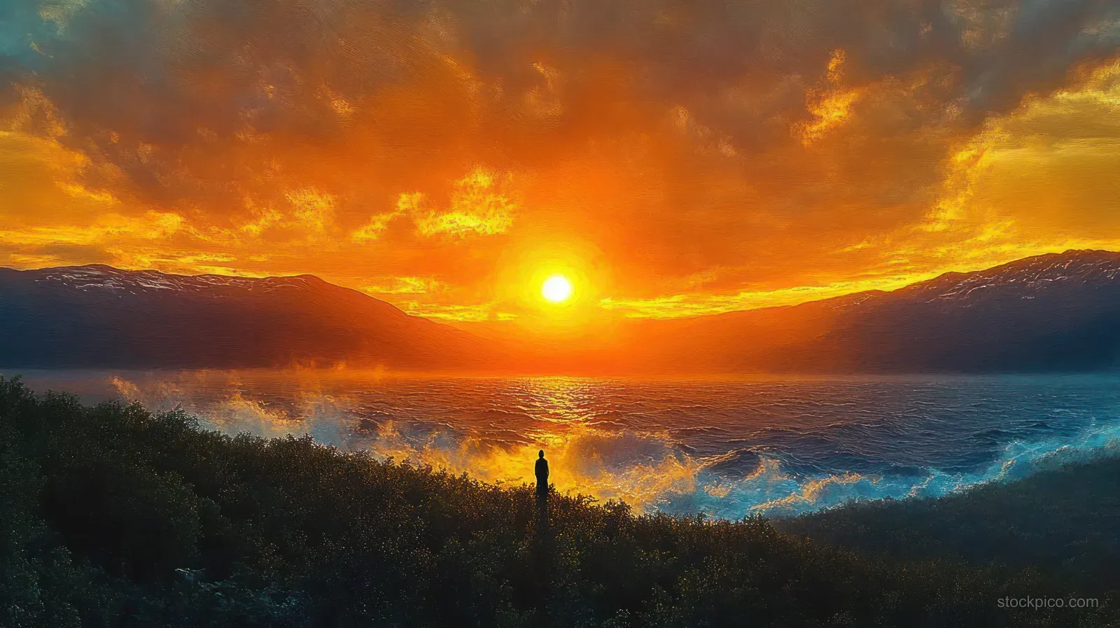 A solitary silhouette stands on a lush hill, watching turbulent ocean waves at sunset between mountains.