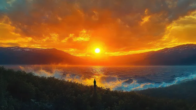 Solitary figure on a lush hill, gazing over stormy ocean waves at sunset