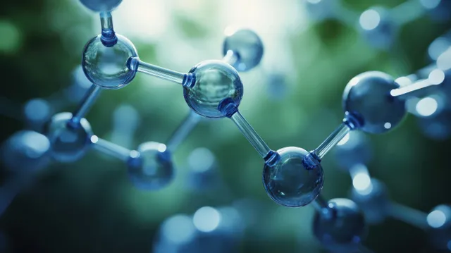 A glowing 3D molecular chain of linked atoms floats in soft ambient light against a blurred background.