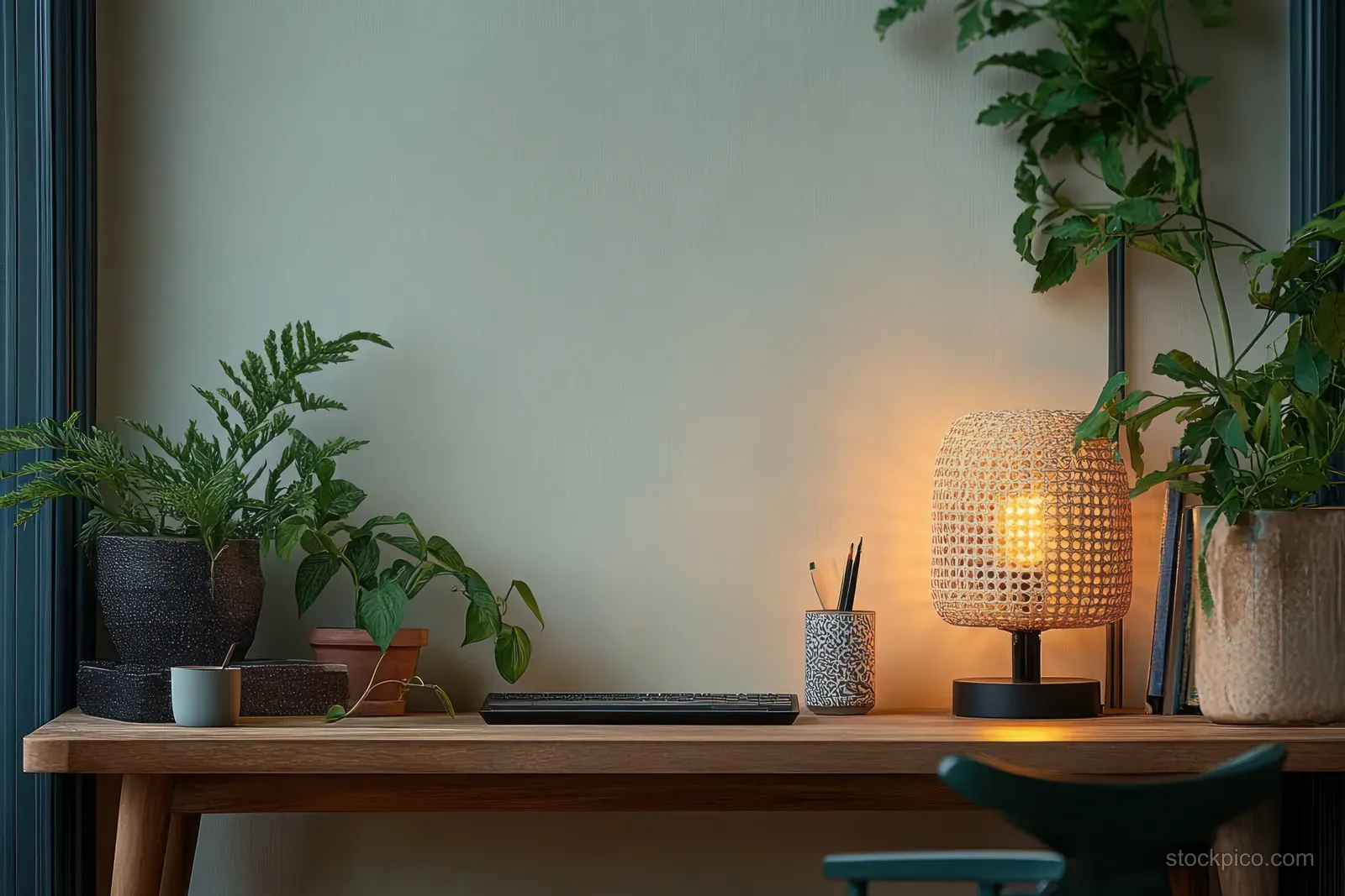 Wooden desk workspace with rattan chair and potted green plants beside a warm glowing lamp under natural window light.