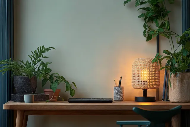 Wooden desk workspace with rattan chair and potted green plants beside a warm glowing lamp under natural window light.