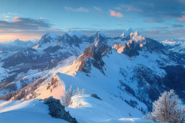 Snowy jagged mountain peaks glow in golden hour light beneath a partly cloudy blue sky.