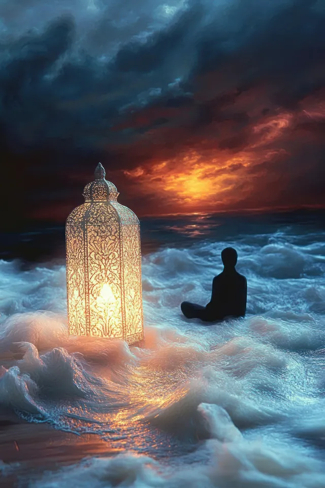 A silhouetted meditator sits in ocean waves next to a glowing ornate lantern beneath stormy sunset clouds.
