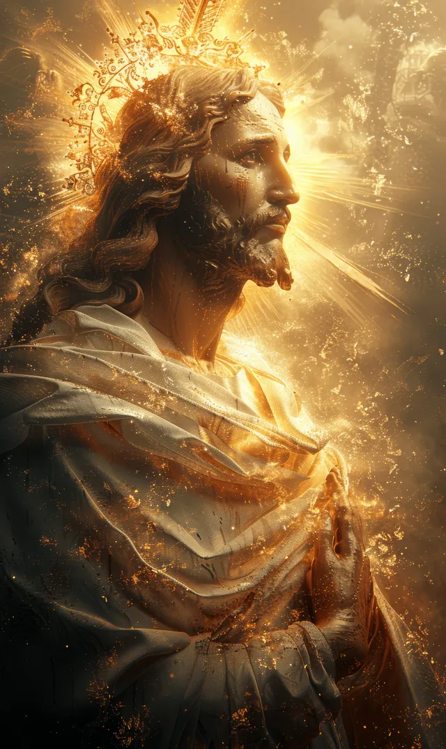 Jesus in flowing robes with a glowing Sacred Heart and golden divine light rays behind him.