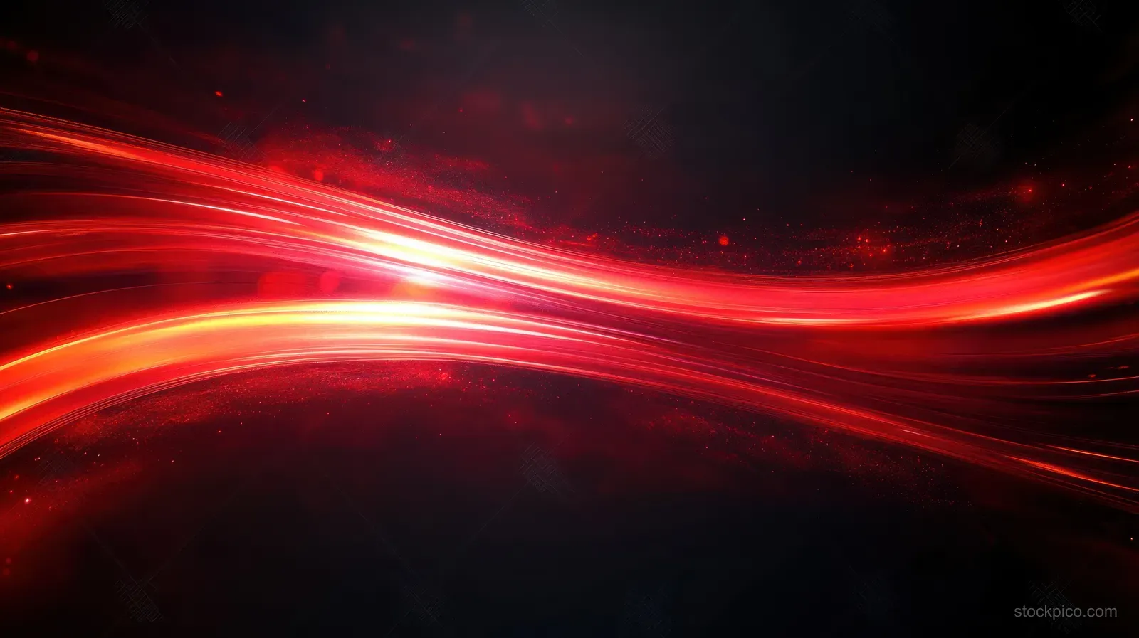 Red laser-like light streaks curve across a dark black background with a bright central flare.