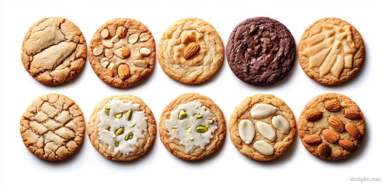 Ten assorted round cookies with nut toppings and icing arranged in two neat rows on a white background.
