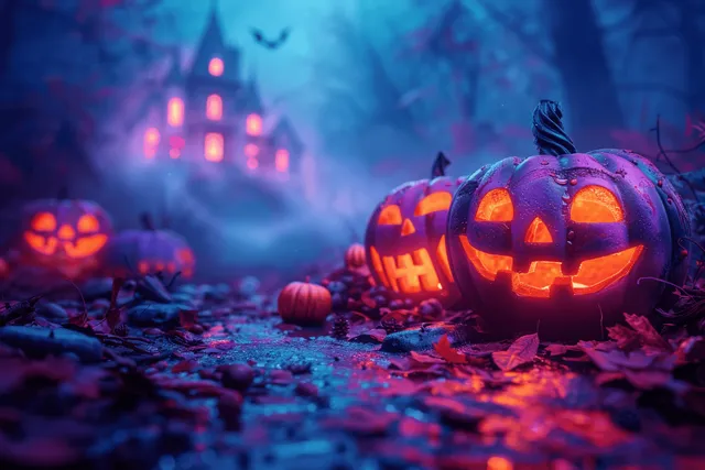 Glowing jack-o’-lanterns on a foggy Halloween path beside a haunted house