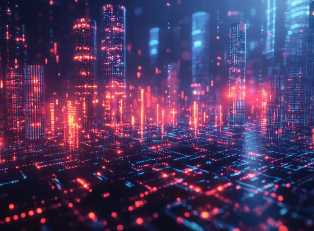 Cyberpunk neon city skyline with glowing financial candlestick data on digital grid