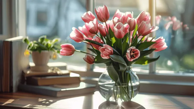 Pink tulips in a glass vase sit on a window table as sunlight illuminates the scene.