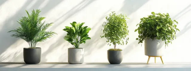 Four potted green plants of different leaf shapes arranged in a row on a white surface with soft sunlight shadows.