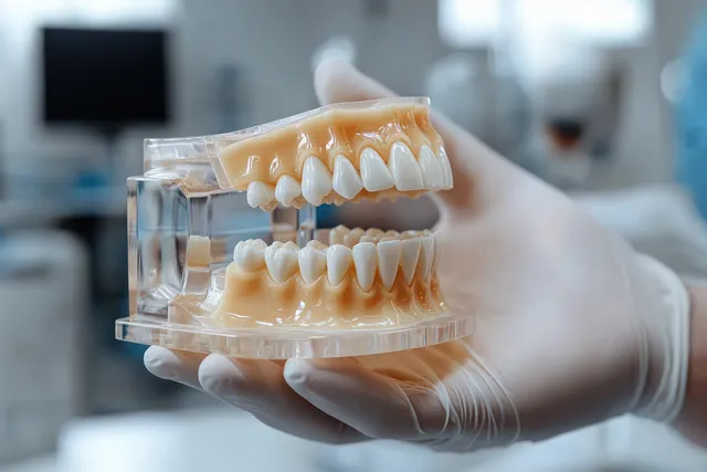 A gloved hand holds a transparent dental model displaying upper and lower teeth in a dental clinic.