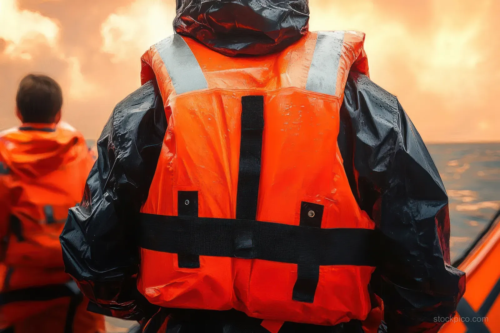 Two people in orange life jackets on a small boat facing the sunset horizon over cloudy water.
