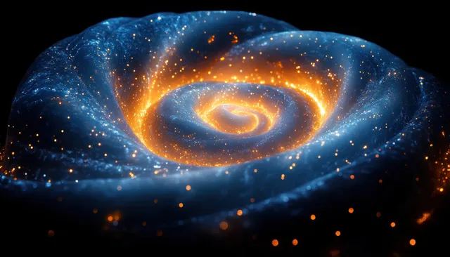 A glowing blue and gold spiral galaxy with scattered stars and bright light trails in deep space.
