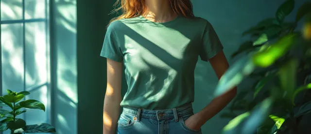 A person models a green raglan short-sleeve shirt with diffused light and plants blurred behind.