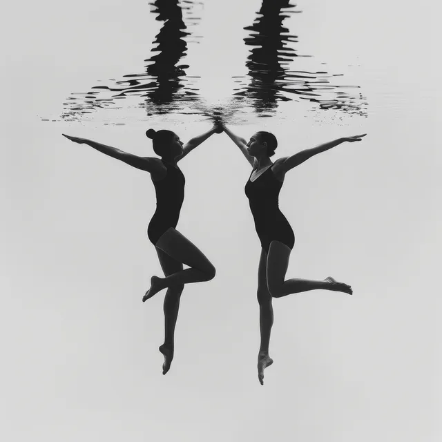 Two artistic swimmers hold mirrored poses above calm water with clear reflections and a splash-like silhouette effect.