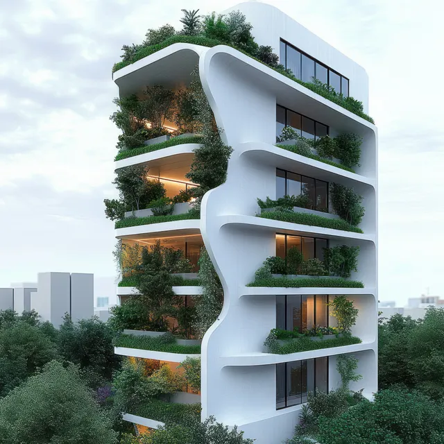 White multi-story building with curved balconies and balcony gardens rises above leafy trees under an overcast skyline.