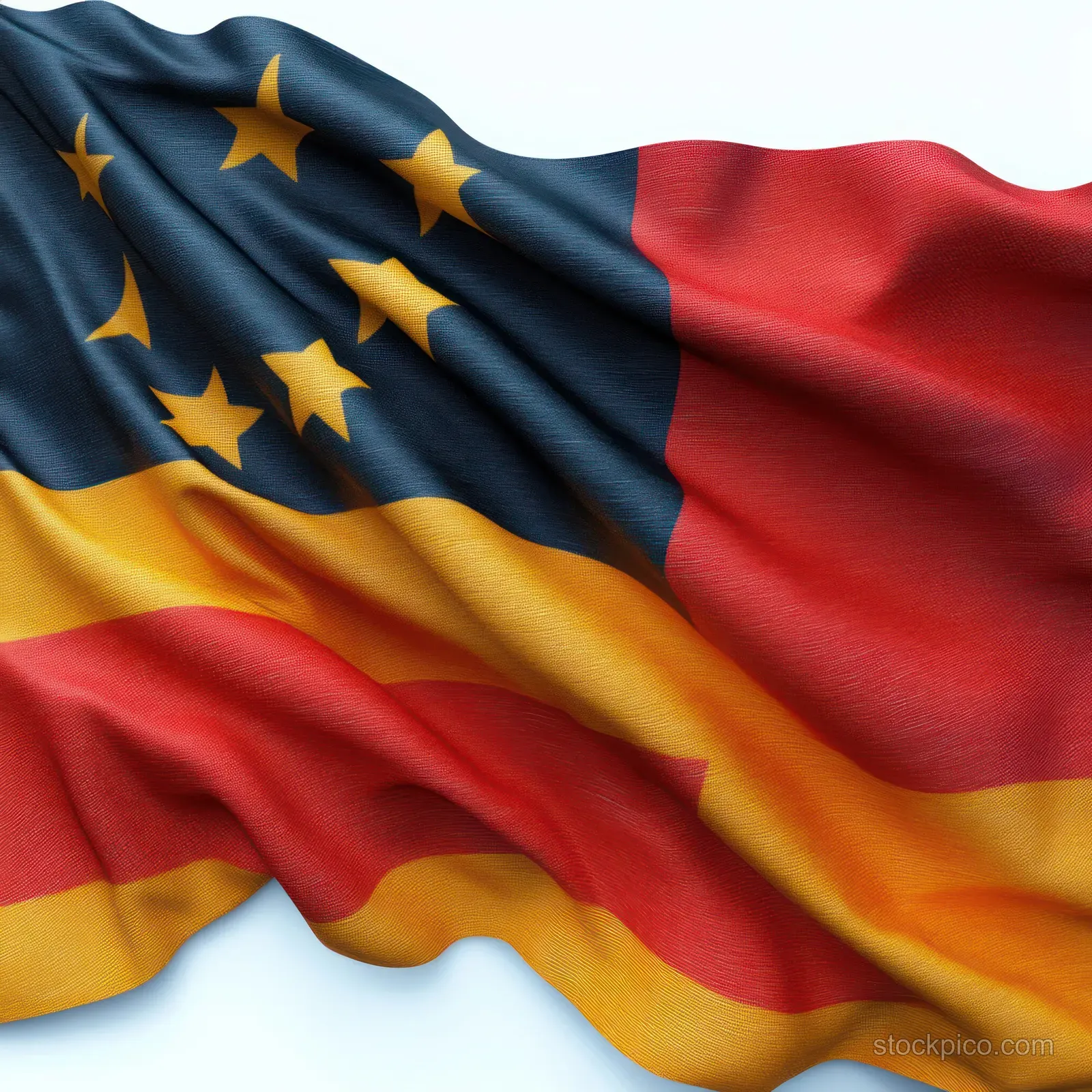 A waving tricolor flag fabric with seven yellow stars draped in smooth folds against a white background.