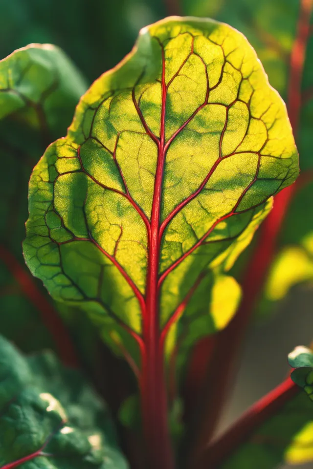 Backlit swiss chard leaf with translucent veins and red stem in garden sunlight