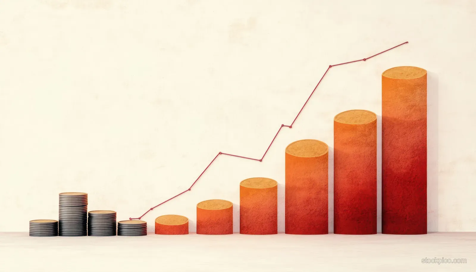 Stacked coins become rising cylindrical bars next to an upward line graph indicating financial growth.