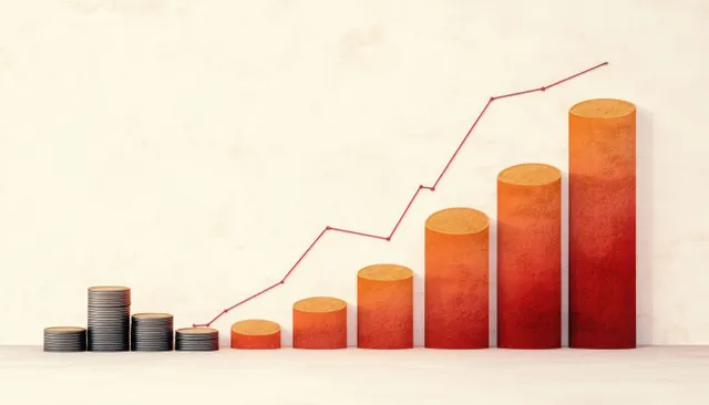 Stacked coins become rising cylindrical bars next to an upward line graph indicating financial growth.