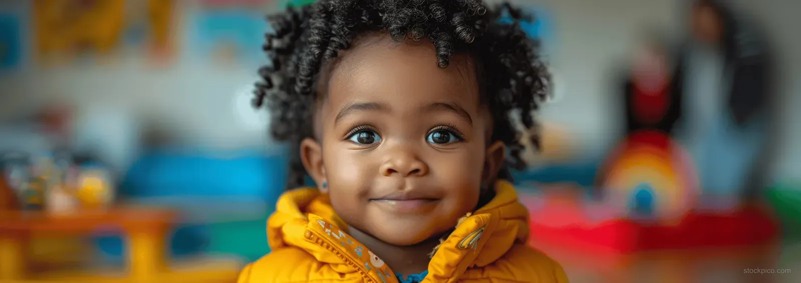 A smiling Black toddler sits in a bright daycare nursery holding colorful toys while adults are blurred behind.
