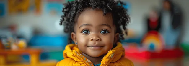 A smiling Black toddler sits in a bright daycare nursery holding colorful toys while adults are blurred behind.
