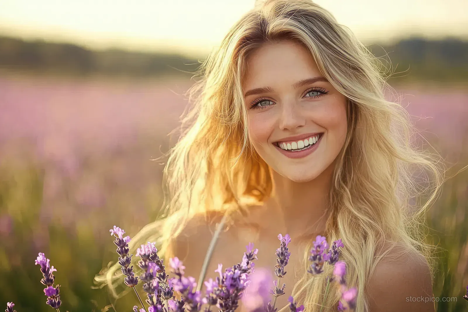 Blonde woman with long wavy hair stands in a blooming lavender field at golden hour.